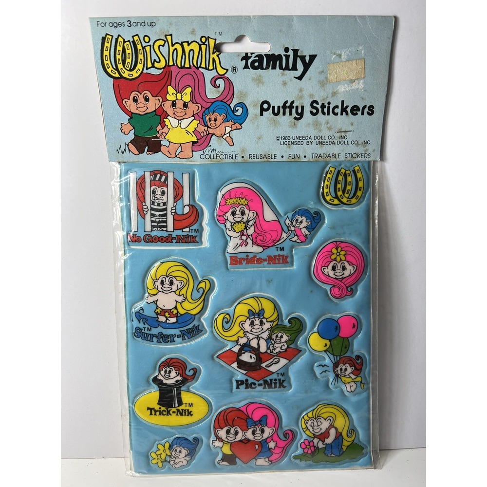 VINTAGE 80's Puffy Stickers‎ Wishnik Family Trolls SEALED PACKAGE (1983) Uneeda